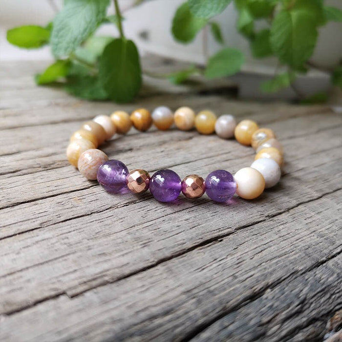 Rare 108 Natural Amethyst & Coral Jade Mala Bead Necklace with Purple Agate Pendant