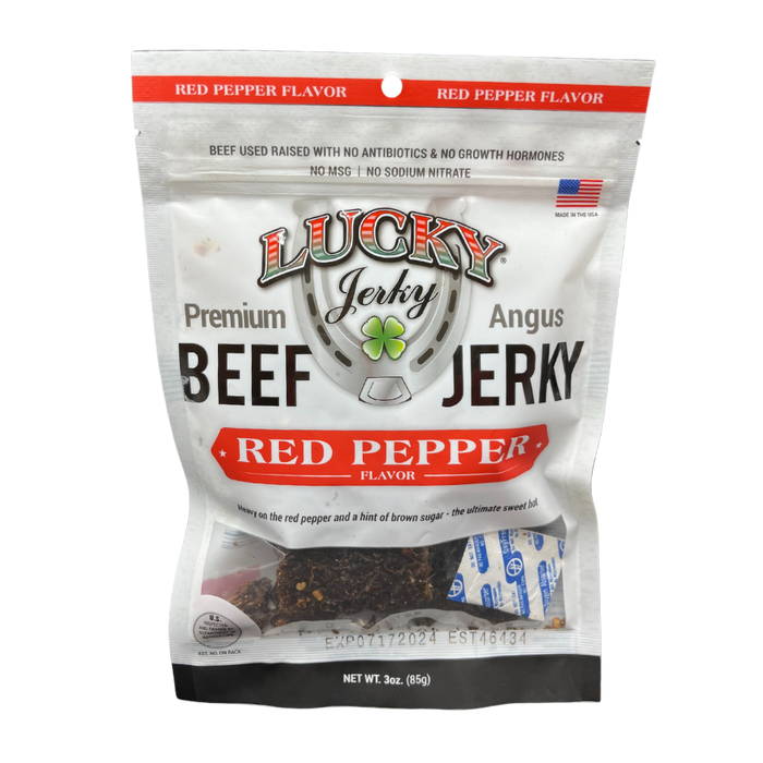 A package of Lucky Jerky with Red Pepper flavor. The package is predominantly white with red and black text, and an image of the jerky and the brand's logo.