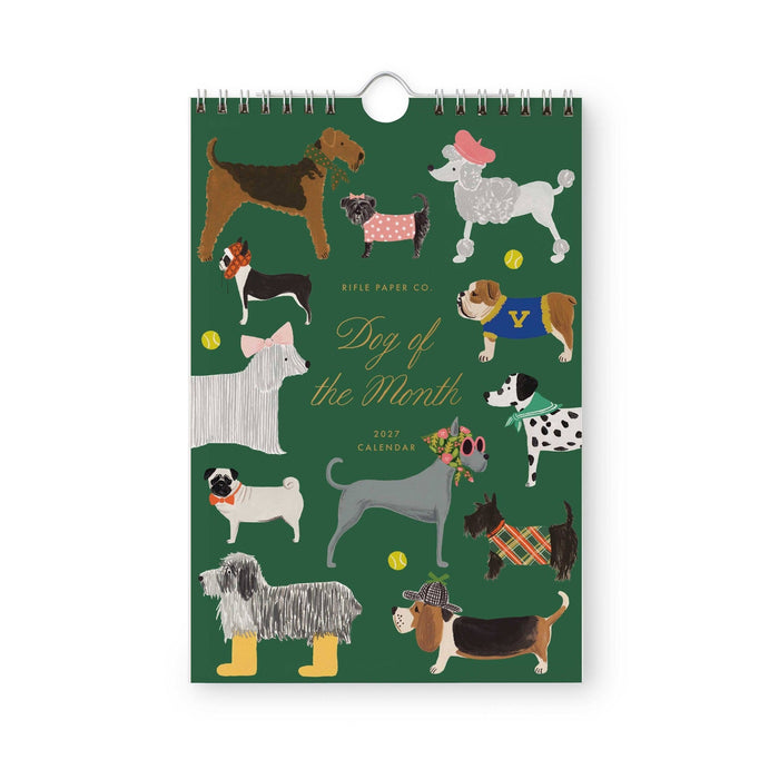 Rifle Paper Co. 2027 Dog of the Month calendar featuring colorful illustrated dog breeds on green background