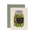 Aging Like Fine Brine Birthday Card featuring pickles in jar illustration with green envelope