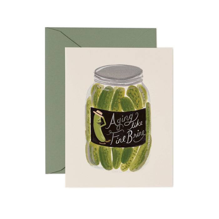 Aging Like Fine Brine Birthday Card featuring pickles in jar illustration with green envelope