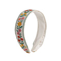 Garden Study Jacquard Ribbon Headband with colorful embroidered flowers on cream background
