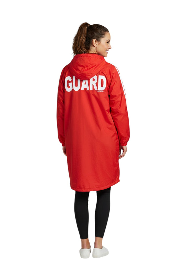 The Lifeguard Store RISE Guard red nylon parka with white lettering and white stripes on sleeves. Water-resistant with fleece lining.