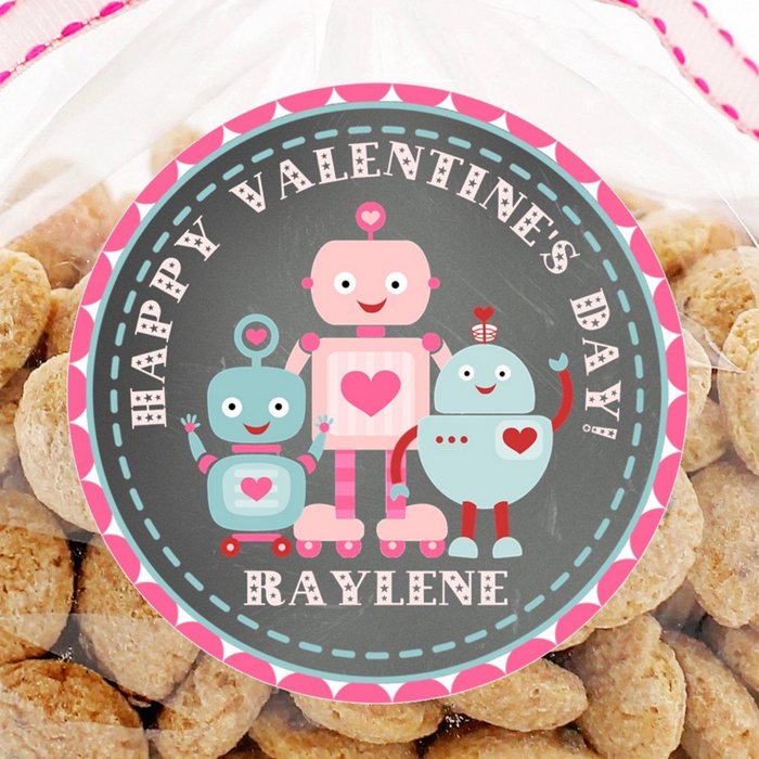 Robot Valentine sticker design with grey robot holding a red heart and Love Machine wording