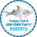 Watercolor shark birthday sticker with blue border