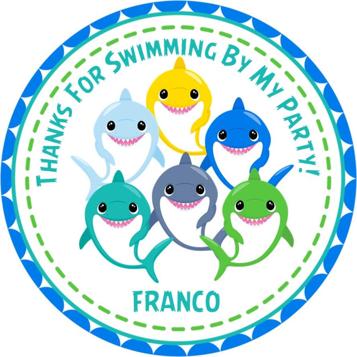 Colorful shark family birthday sticker in bright ocean colors