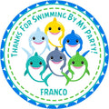 Colorful shark family birthday sticker in bright ocean colors