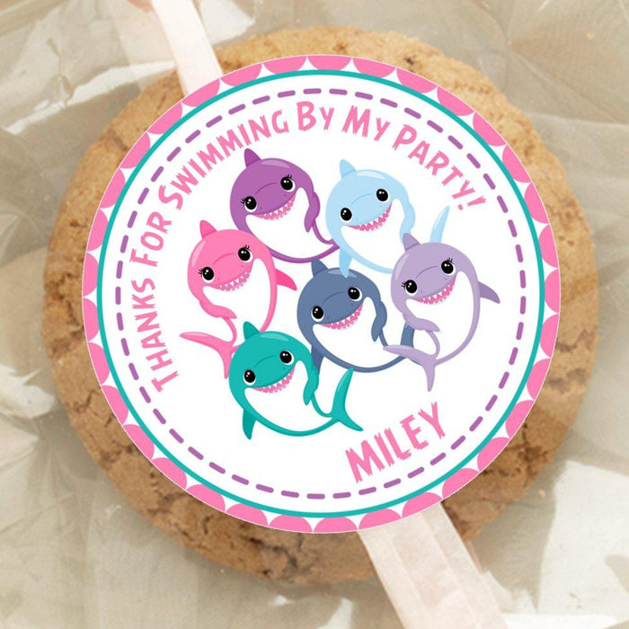 Shark family party favor label in bright colorful design