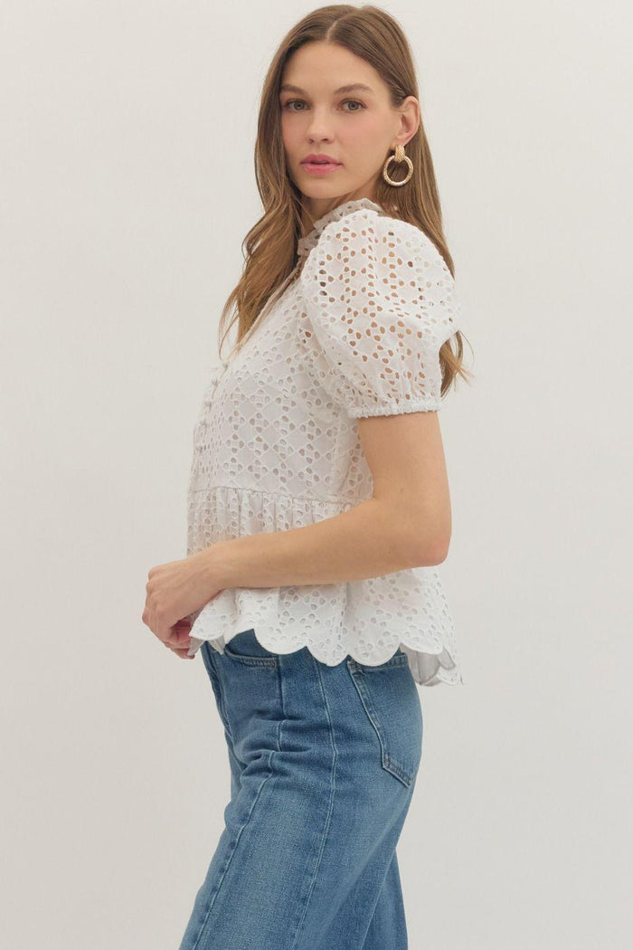 Short Puff Sleeve Eyelet Emroidered Top