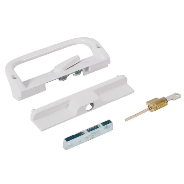 Sliding Glass Patio Door Handle – White Surface Mounted Keyed Hook Style with 6 - 9/16" Screw Spacing - Reflect Window & Door
