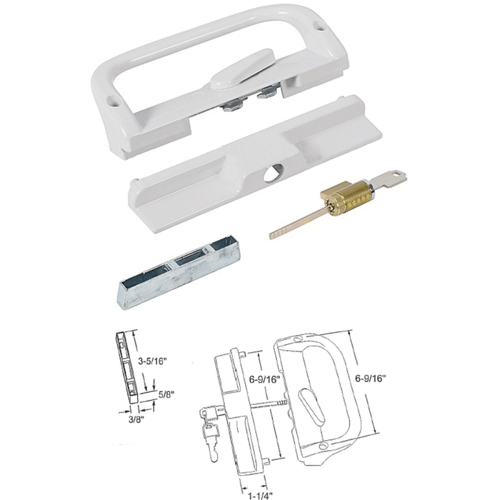 Sliding Glass Patio Door White Surface Mounted Hook Style Handle 6-9/16" Screw Holes - Keyed - Reflect Window & Door