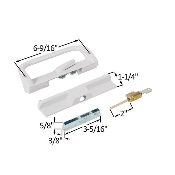 Sliding Glass Patio Door Handle – White Surface Mounted Keyed Hook Style with 6 - 9/16" Screw Spacing - Reflect Window & Door