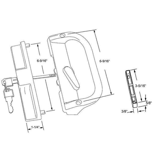 Sliding Glass Patio Door Handle – White Surface Mounted Keyed Hook Style with 6 - 9/16" Screw Spacing - Reflect Window & Door