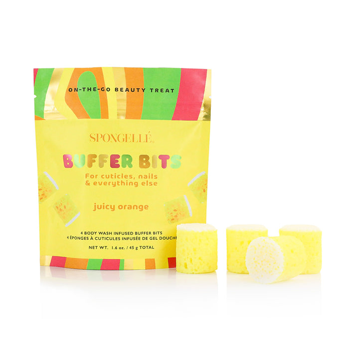 Spongellé Buffer Bits juicy orange body wash sponges with packaging on white background