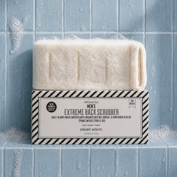 Spongellé Men's Extreme Back Scrubber with bergamot scent on blue tile background