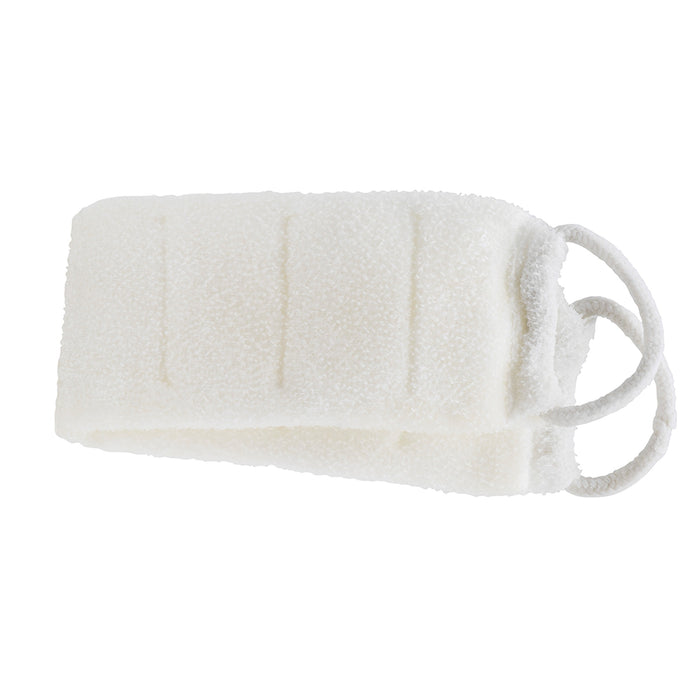 White exfoliating back scrubber sponge with dual handles on neutral background