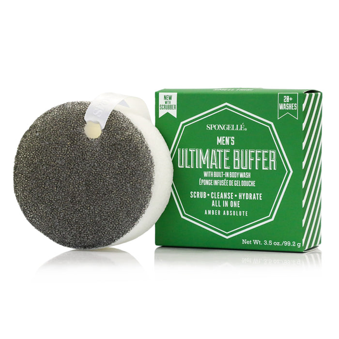 Spongellé Men's Ultimate Buffer exfoliating sponge with Amber Absolute scent and packaging