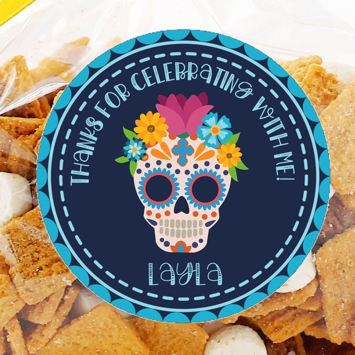 Blue floral sugar skull birthday sticker with personalized name