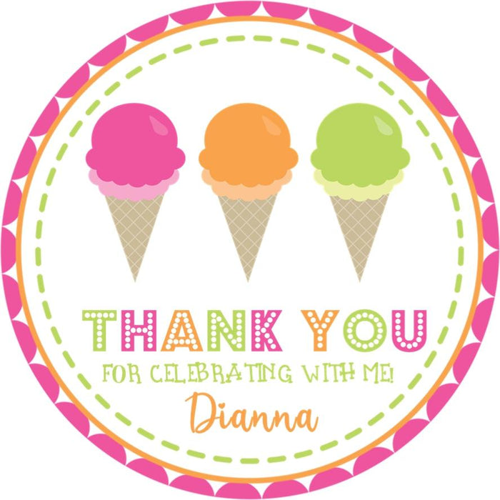 Ice cream birthday sticker with pink, orange, and green ice cream cones.