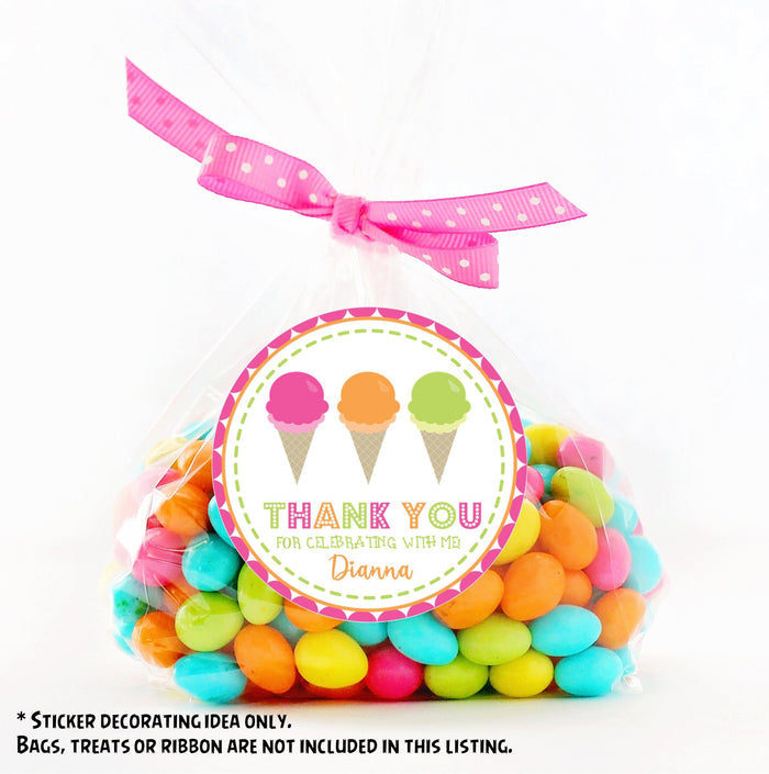 “Thank You for Celebrating with Me” ice cream party favor sticker.
