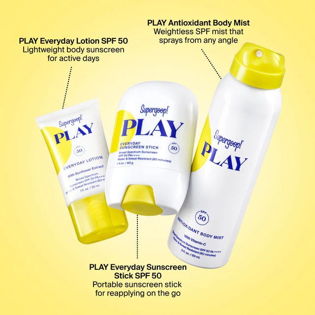 Supergoop! PLAY Date Pool & Sport SPF Kit box with three PLAY products