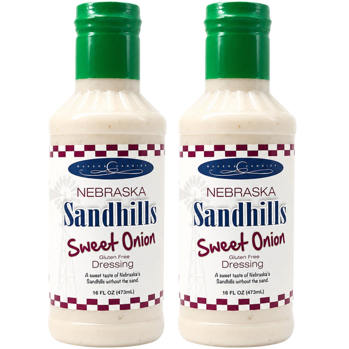 Two bottles of Nebraska Sandhills Sweet Onion Dressing on a white background