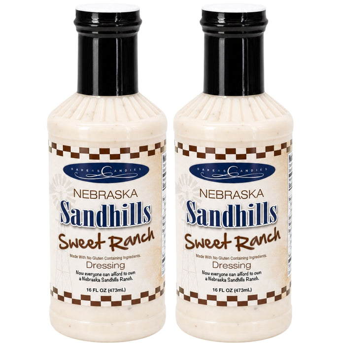 Two bottles of Nebraska Sandhills Sweet Ranch dressing on a white background