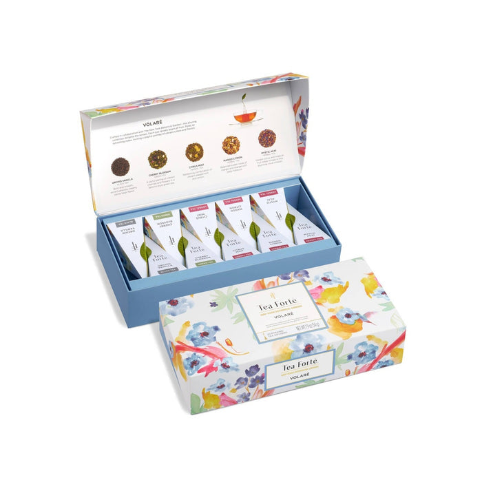 Tea Forte Volare Petite Presentation Box with five assorted tea varieties displayed in blue gift box