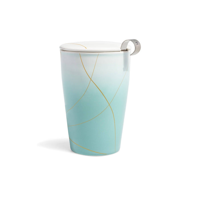 Tea Forte Kati Steeping Cup with infuser in turquoise with gold line design