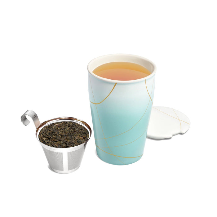 Tea Forte Kati Steeping Cup with infuser basket filled with loose leaf tea and matching lid on white background