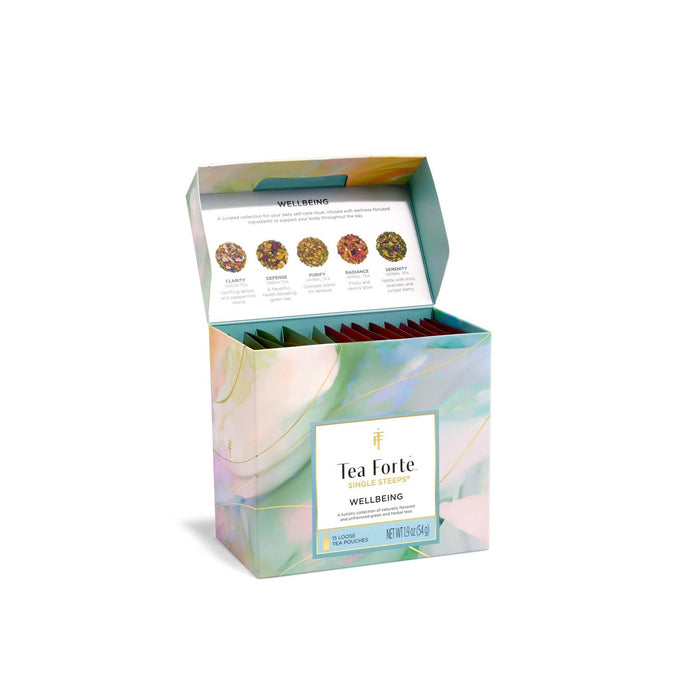 Tea Forte Wellbeing Single Steeps Sampler box with 15 loose tea pouches on white background