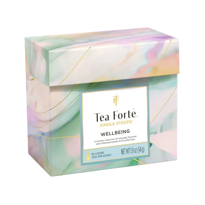 Tea Forte tea box with pastel design and 'Wellbeing' label on a white background