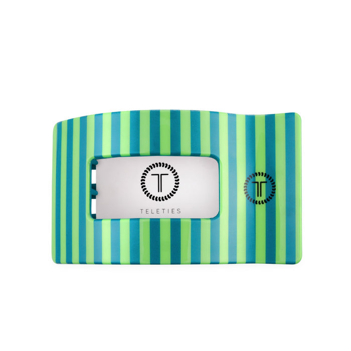 TELETIES Cabana Cutie Large Flat Rectangle Hair Clip with blue and green striped design