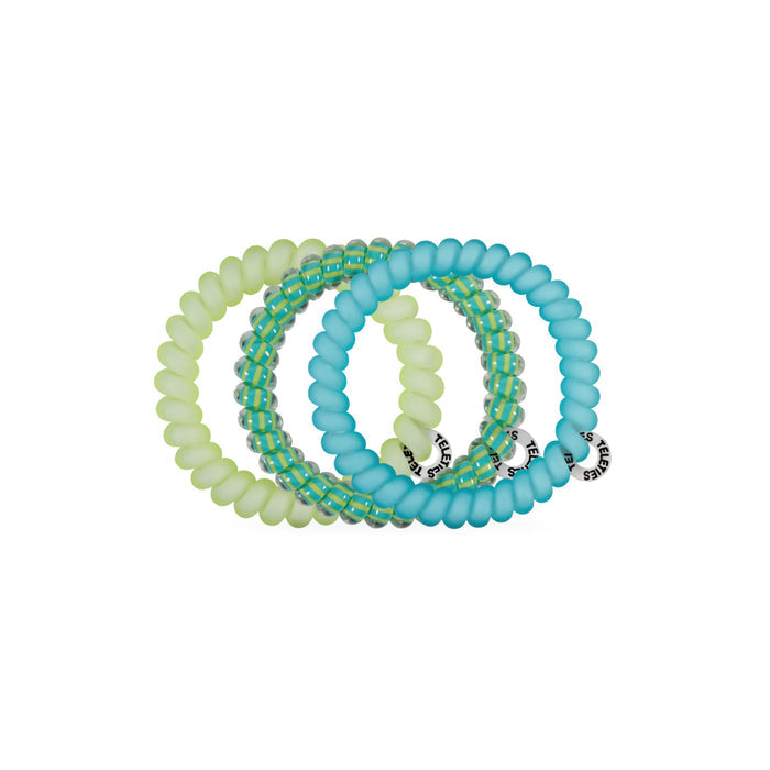 TELETIES Cabana Cutie small hair ties in yellow, turquoise, and patterned styles on black background