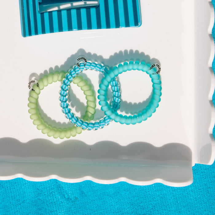TELETIES Cabana Cutie small hair ties in lime green, blue gingham, and turquoise colors