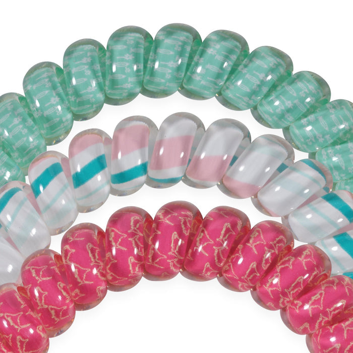 TELETIES Fin-tastic Large Hair Ties in green, pink, and striped patterns displayed in circular arrangement
