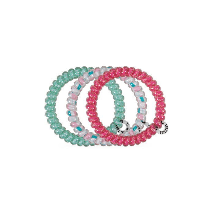 Fin-tastic Small Hair Ties in mint green, pink, and hot pink coiled spiral design