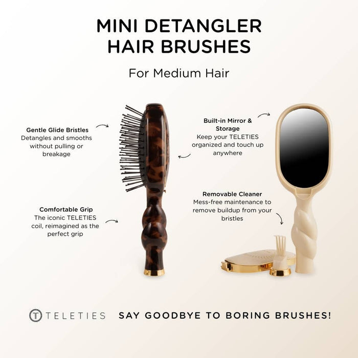 TELETIES Mini Detangler Brush features: gentle bristles, comfortable grip, built-in mirror, removable cleaner