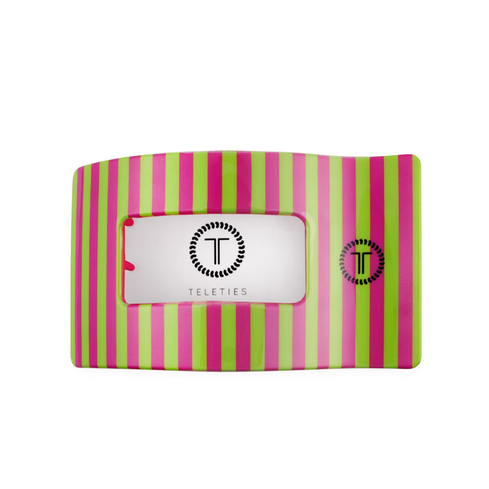 TELETIES Summer Crush Large Flat Rectangle Hair Clip with pink, lime green striped design