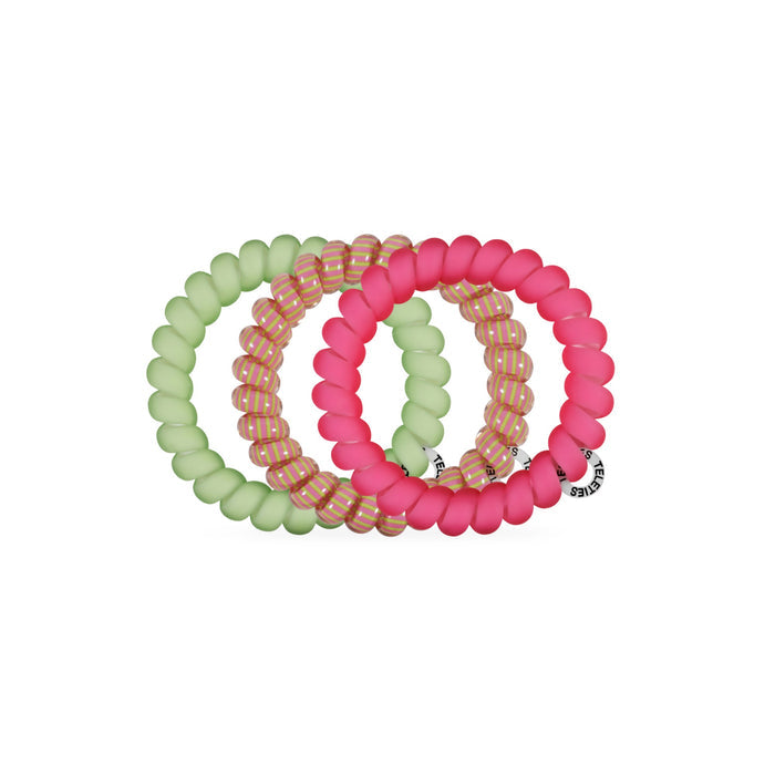TELETIES Summer Crush Large Hair Ties in neon green, pink, and striped patterns on black background