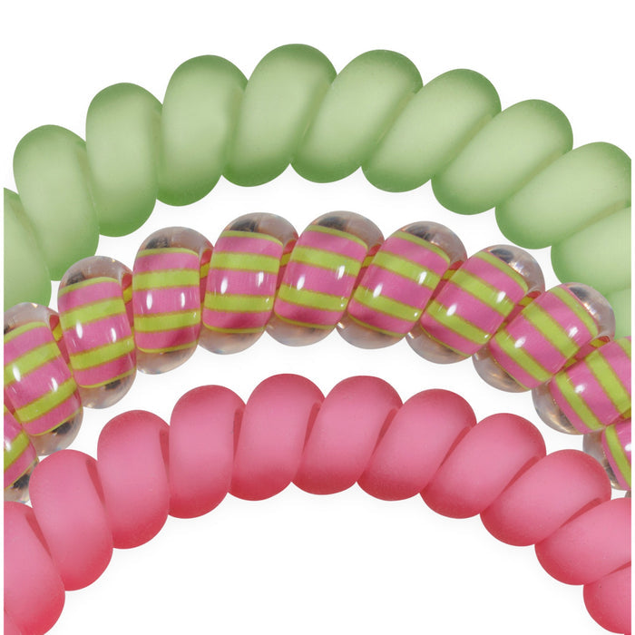 TELETIES Summer Crush small hair ties in pink, lime green, and striped patterns displayed on black background