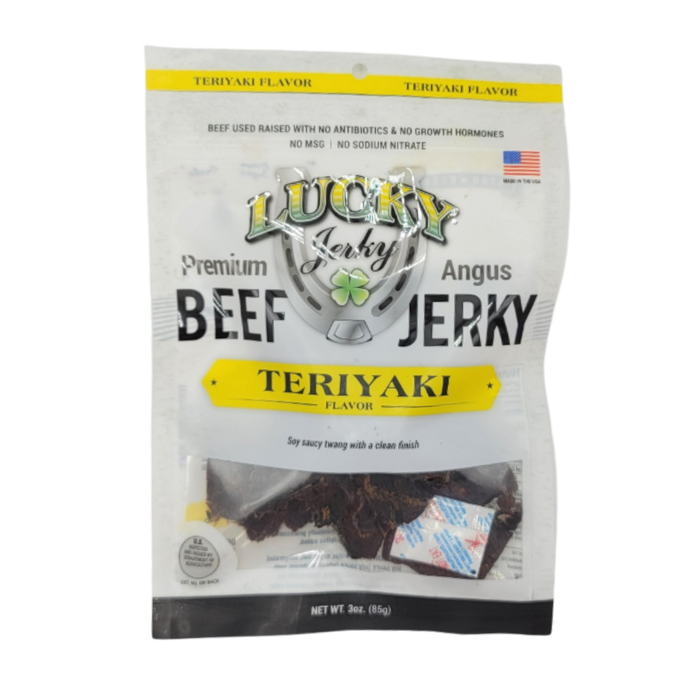 A package of Nebraska Star Beef Teriyaki Beef Jerky, showing the product through the transparent window of the packaging.