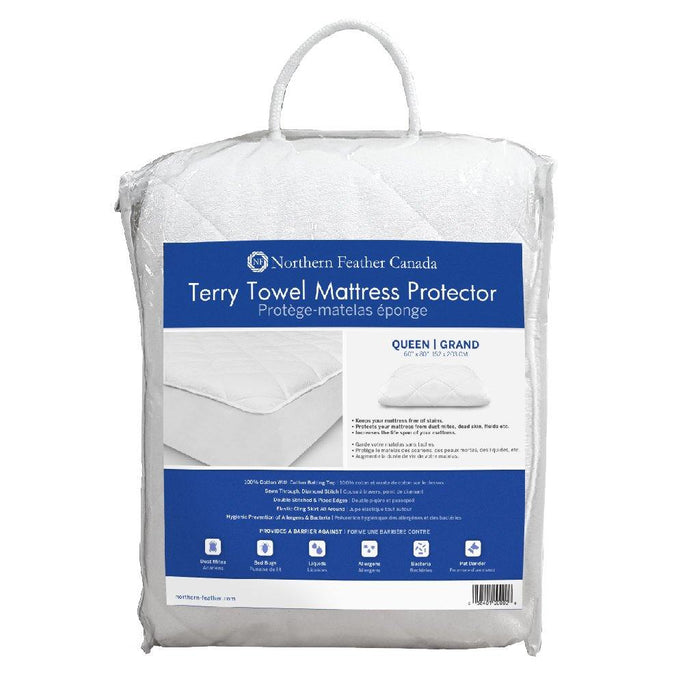 Terry Towel Mattress Protector folded up in packaging | Northern Feather Canada