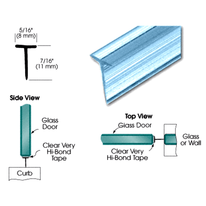 Translucent Vinyl Edge ‘T’ Wipe with Pre - Applied Tape – Seals Up to 7/16" Gap for Shower Doors - Reflect Window & Door
