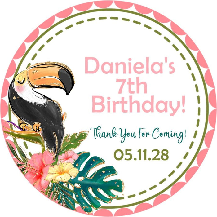 Tropical toucan birthday sticker with pink and green leaves