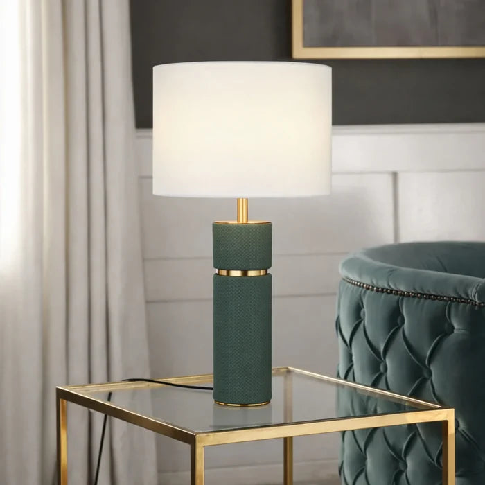 Telbix Valda green table lamp styled on glass side table with ivory fabric shade