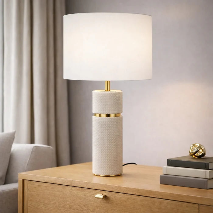 Telbix Valda taupe table lamp styled on timber sideboard with ivory fabric shade