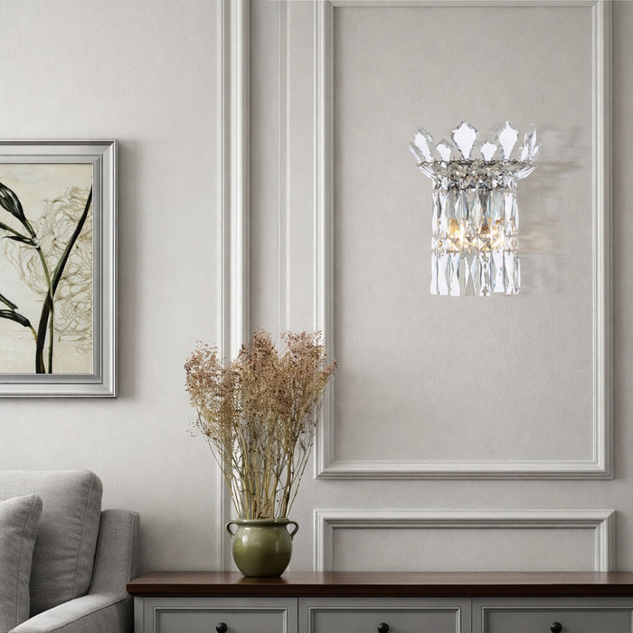 Chrome Virell crystal wall light installed in elegant living room interior