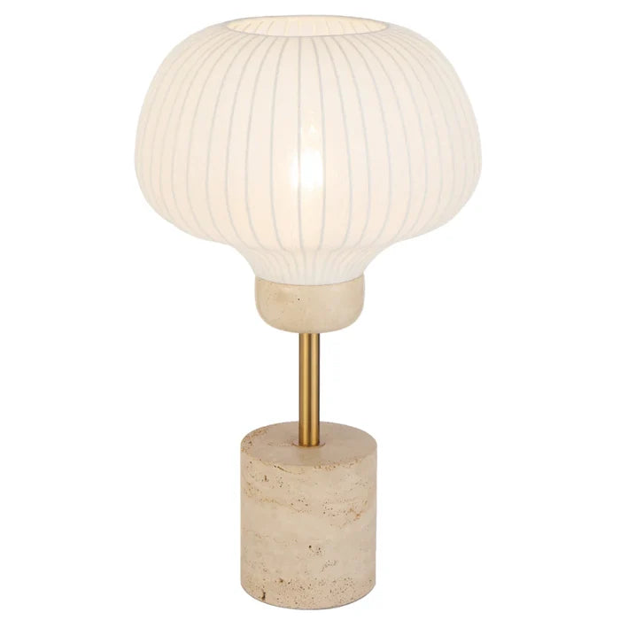 Telbix Vibor Table lamp with a ribbed white shade and marble base on a white background