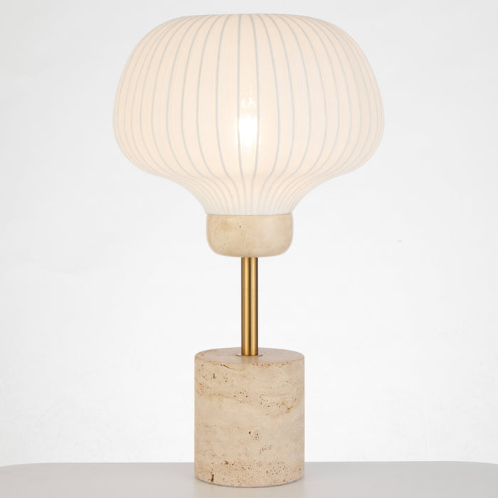 Telbix Vibor Table lamp with ribbed white shade and beige marble base on a white background